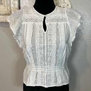 Vanessa Bruno White Lace Keyhole Flutter Sleeve Blouse